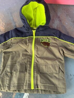 Kids Hooded One-Piece Jacket in Olive Green with Neon Trim